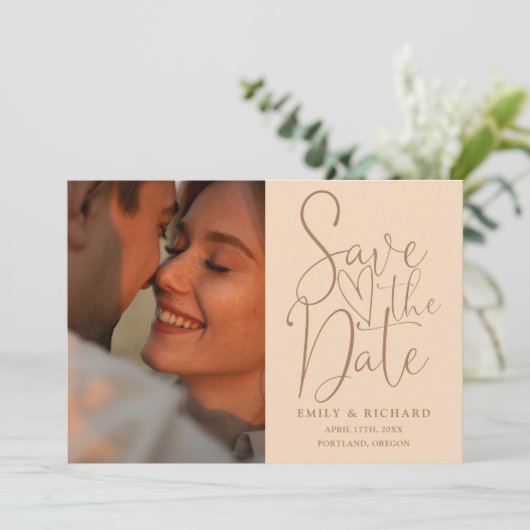 Soft Peach Wedding 2 foto Elegant script Save The Date (Staand voorkant)