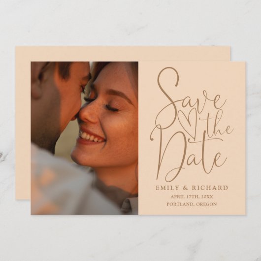 Soft Peach Wedding 2 foto Elegant script Save The Date (Voorkant / Achterkant)