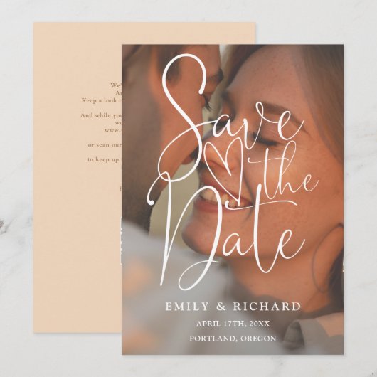 Soft Peach Wedding Photo Elegant Script QR-code Save The Date (Voorkant / Achterkant)