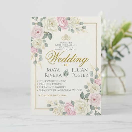 Soft Pink and Sage Green Eucalyptus Wedding Kaart (Staand voorkant)