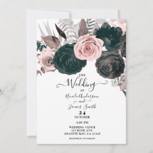 Soft Pink & Black Floral Greenery White Wedding Kaart