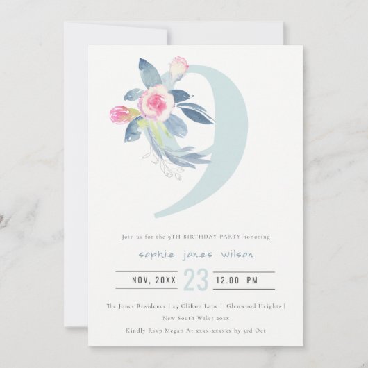 SOFT PINK BLUSH BLUE FLORAL 9TH ELKE LEEFTIJD BIRT KAART (Voorkant)