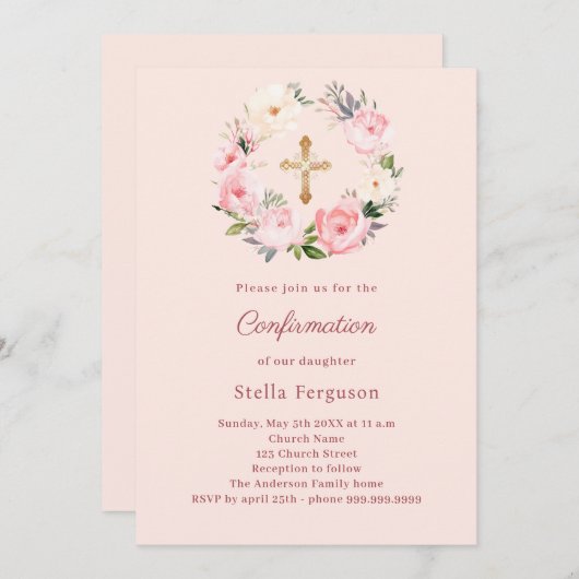 Soft pink blush florals cross Confirmation Kaart (Voorkant / Achterkant)