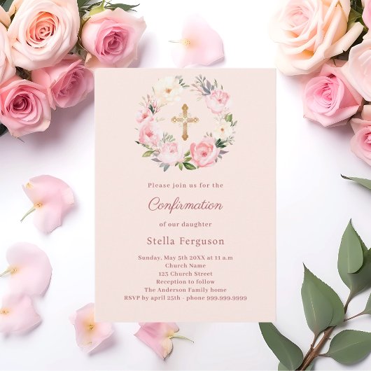 Soft pink blush florals cross Confirmation Kaart