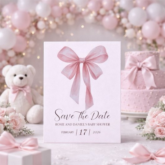 Soft Pink Bow Girl Baby Shower Save The Date