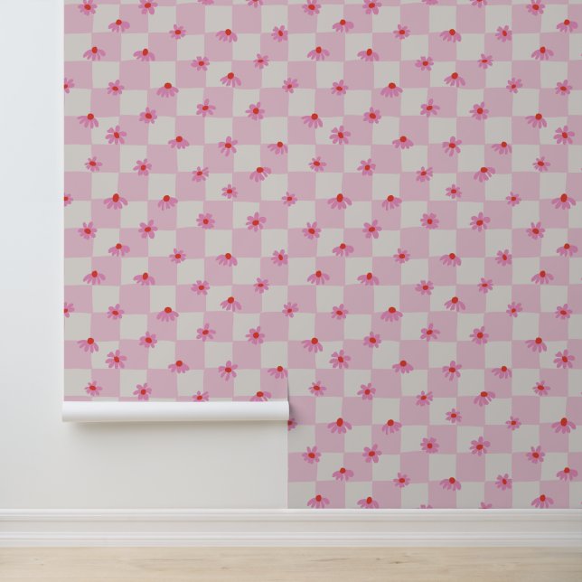 Soft Pink Daisy Checkerboard Floral Pattern Behang (Applicatie)