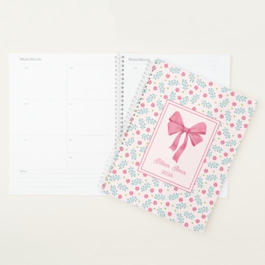 Soft Pink Floral Framed Pink Bow Custom Name Planner (Display)