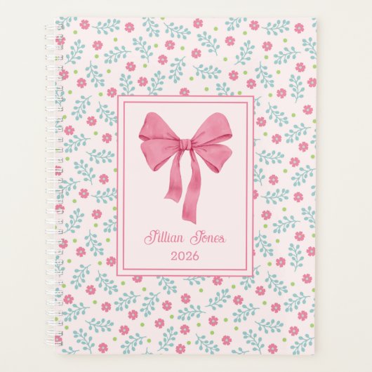 Soft Pink Floral Framed Pink Bow Custom Name Planner (Voorkant)