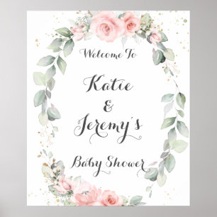 Soft Pink Floral Greenery Baby shower Welkom Poster