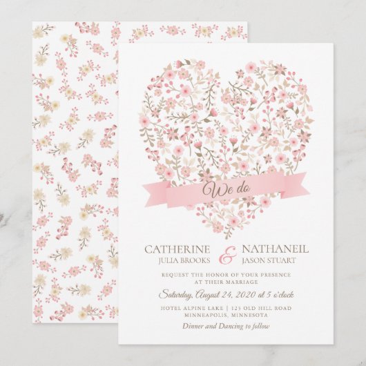 Soft Pink Floral Heart Wedding Kaart (Voorkant / Achterkant)