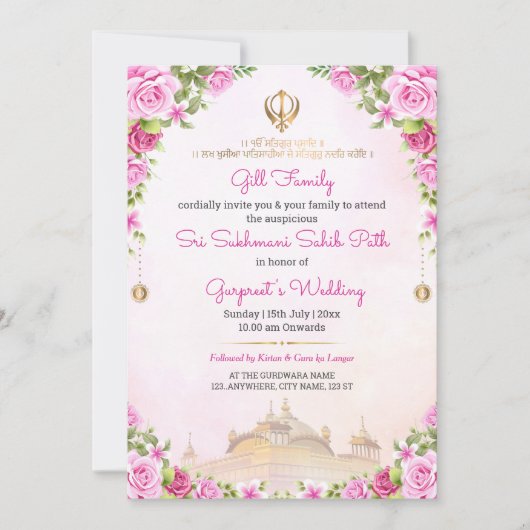 Soft Pink Floral Sukhmani Sahib Path Invitation Kaart (Voorkant)
