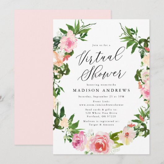Soft Pink Floral Wreath Virtual Baby shower Kaart (Voorkant / Achterkant)