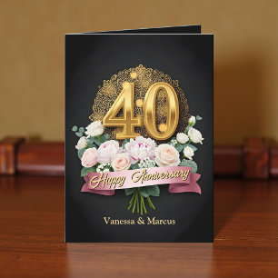 Soft Pink Flowers & Gold 40th Wedding Jubileum Kaart