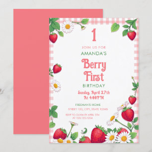 Soft Pink Gingham Strawberry Girl's 1e verjaardag Kaart