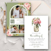 Soft Pink Peony Flowers Mason Jar QR Code Weddensc Kaart