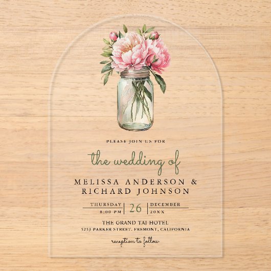 Soft Pink Peony Flowers Mason Jar Wedding Acryl Uitnodigingen (Voorkant)