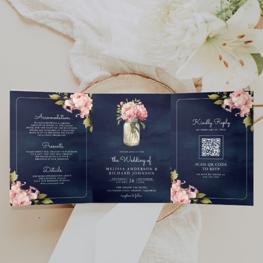 Soft Pink Peony Mason Jar QR Code Navy Weddenschap Drieluik Uitnodiging