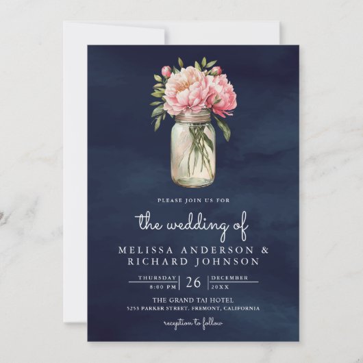 Soft Pink Peony Mason Jar QR Code Navy Weddenschap Kaart (Voorkant)