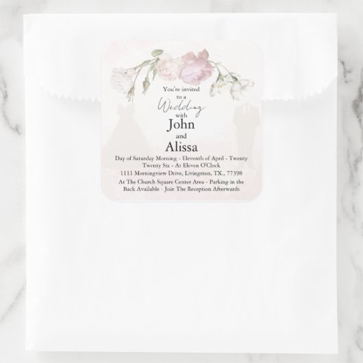 Soft Pink Roses & Bride and Groom Collection Vierkante Sticker (Tas)