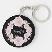 Soft Pink Roses Wreath Name Round Acrylic Keychain (Achterkant)