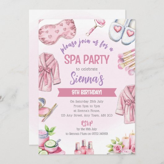 Soft Pink Spa Party Invitation - Relax & Pamper (Devant / Derrière)