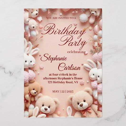 Soft Pink Teddy Bear Birthday Invitation (Recto)