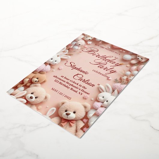 Soft Pink Teddy Bear Birthday Invitation (Rotation)