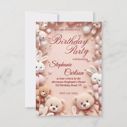 Soft Pink Teddy Bear Birthday Invitation (Devant)