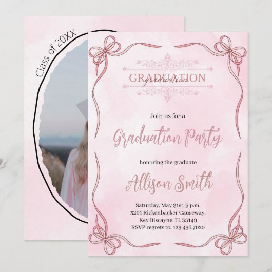 Soft pink watercolor grade invitation with bow (Devant / Derrière)