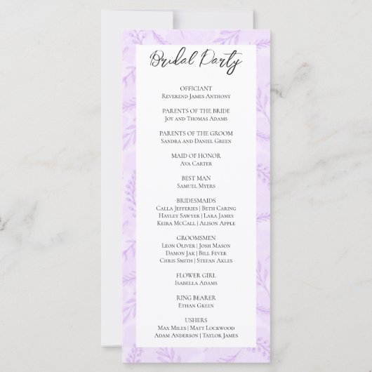 Soft Purple Feuilles et Foliage Wedding Programme (Dos)