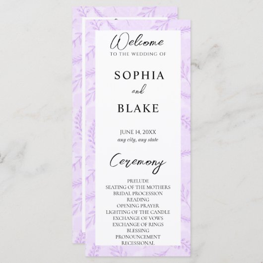 Soft Purple Feuilles et Foliage Wedding Programme (Devant / Derrière)