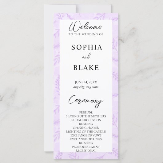 Soft Purple Feuilles et Foliage Wedding Programme (Devant)