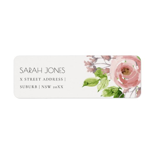 SOFT ROMANTIC BLUSH PINK WATERVERF FLORAL ADRES ETIKET (Voorkant)