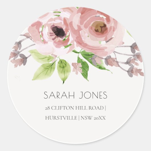SOFT ROMANTIC BLUSH PINK WATERVERF FLORAL RONDE STICKER (Voorkant)