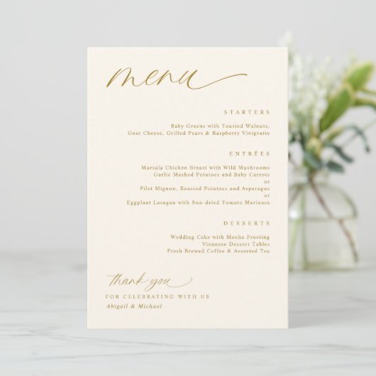 Soft Romantic Script Cream Gold Menus Mariage (Debout devant)