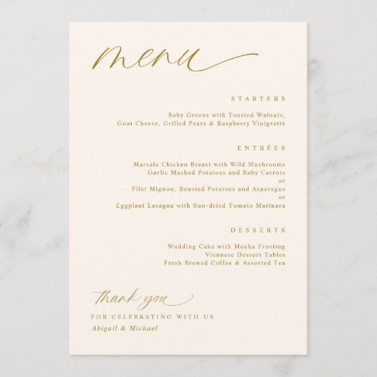 Soft Romantic Script Cream Gold Menus Mariage (Devant)