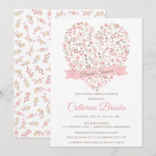 Soft rose Floral Coeur nuptiale Invitation à la do (Devant / Derrière)