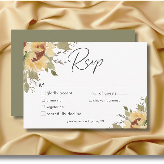 Soft Rustic Large Boho Zonnebloemen Trouwdiner RSVP Kaartje