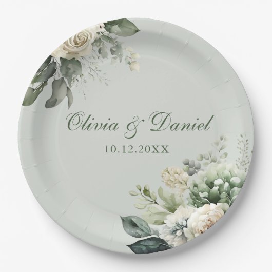 Soft Sage Green Floral Paper Plate Papieren Bordje (Voorkant)