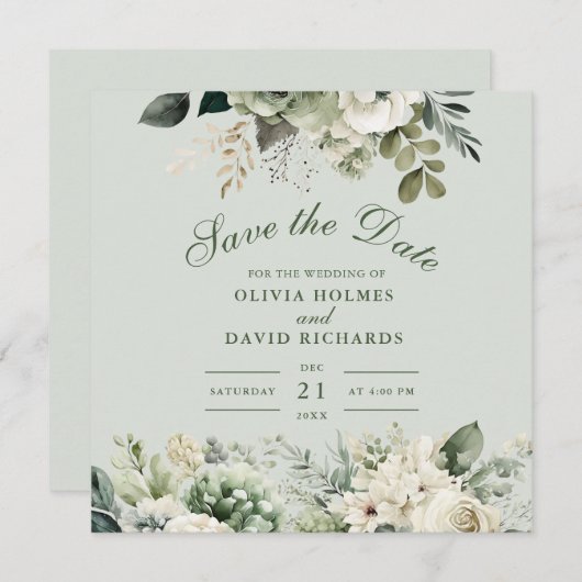 Soft Sage Green Floral Save The Date Card (Voorkant / Achterkant)
