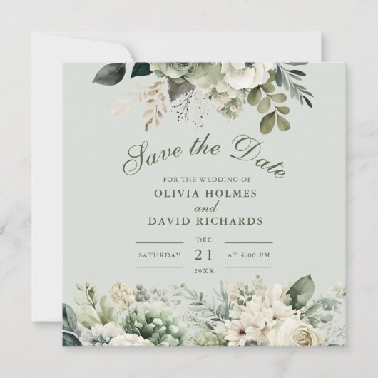 Soft Sage Green Floral Save The Date Card (Voorkant)