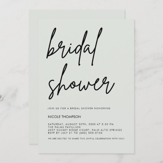 Soft Sage Script Modern Bridal Shower Invitation  (Devant / Derrière)