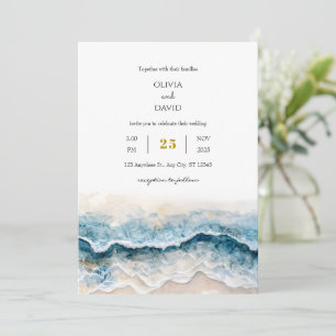 Soft Sandy Beach Blue Waves Waterverf Art Wedding Kaart