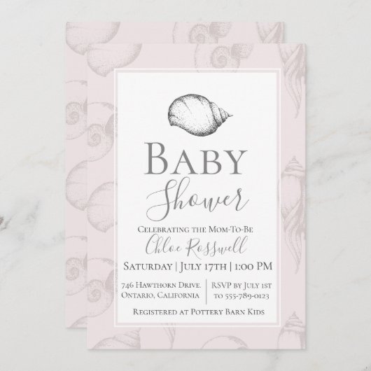 Soft Seashell Baby shower Invitation Kaart (Voorkant / Achterkant)