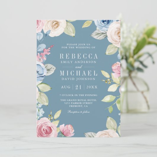 Soft Spring Floral Dusty Blue QR Code Weddenschap Kaart (Staand voorkant)