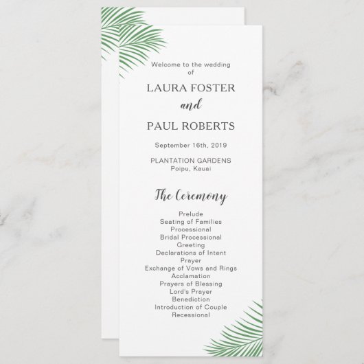 Soft Tropical Palm Leaf Wedding Programme (Devant / Derrière)