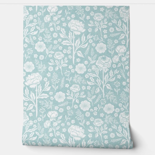  Soft Turquoise Blue Peony Roses Hand-Drawn  Behang (Afrollen)
