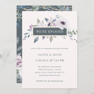 Soft Violet Floral Blush and Grey Engagement Party Kaart
