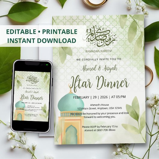 Soft Watercolor Green Mosque Ramadan Iftar Dinner Kaart