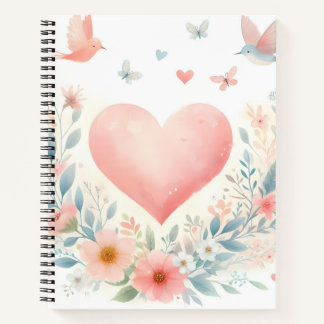 Soft Watercolor Heart Love Flowers Birds Notitieboek